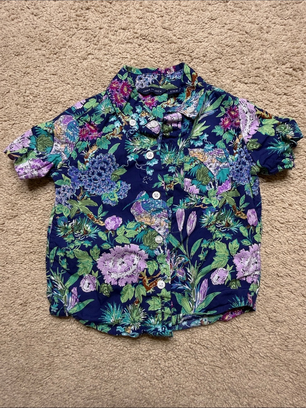 Janie and Jack Navy Floral Button-Down Shirt with Purple and Green Accents